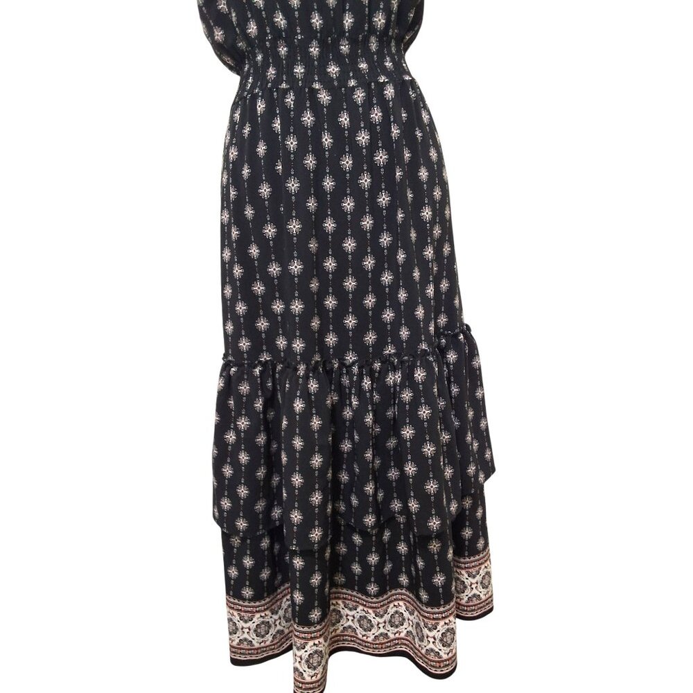 Misa Azalea Black Boho Floral Midi‎ Dress W/ Self-Tie Straps Smocked Waist Sz M - Picture 6 of 10